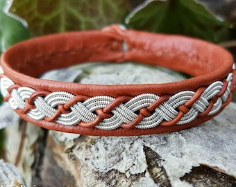 Sami bracelet VALHAL | Lapland pewter and leather cuff | Indigenous Sapmi wristband | Nordic ethnic handmade jewelry