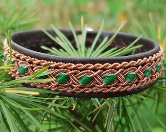 Indigenous ethnic symbolism Sami Folk art bracelet FREY size M, brown green reindeer leather, copper braids, antler closure, READY to SHIP