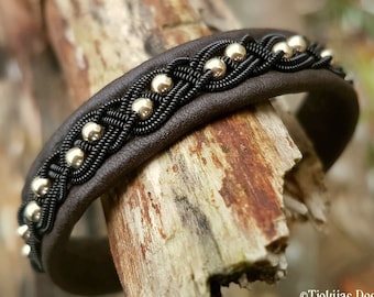 Scandinavian Sami bracelet | BIFROST | Leather and black copper cuff | 14k gold beads | Antler closure