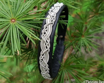 Authentic Sapmi Lapland pewter and black reindeer leather bracelet Size S, HUGINN handcrafted Nordic ethnic cuff READY to SHIP