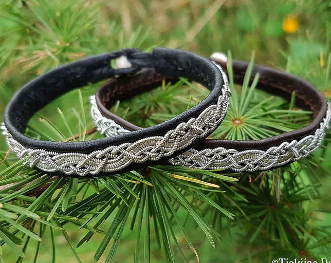 Featured listing image: Lappish Sami bracelet | Swedish Sapmi pewter and reindeer leather cuff | HUGINN | Ethnic indigenous jewelry