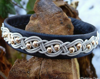 Sami bracelet BIFROST | Swedish reindeer leather, pewter and 14k gold cuff | Scandinavian indigenous jewelry