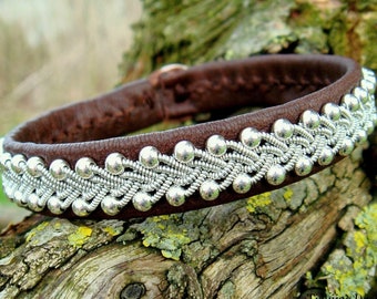 Swedish Sami bracelet | Sterling silver cuff | Lapland leather | Spun pewter | Antler closure | Pagan native bracelet