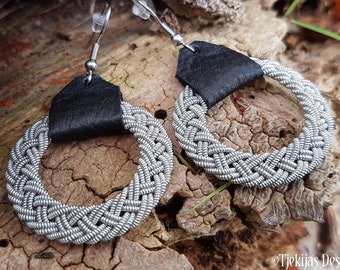 Sami jewels earrings ALRUNE | Lapland ladies pewter and reindeer leather earrings | Scandinavian indigenous dangle hoops | Custom handmade