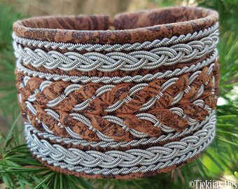 Sami bracelet HULDRA | Wide leather cuff | Swedish Lapland tenn armband | Ethnic handmade folklore