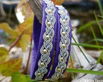 Sami double wrap bracelet | BIFROST viking style leather cuff | 14k gold and crystal | Pewter braid | Antler button