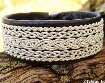 Sami bracelet SKADI | Swedish Lapland reindeer leather and pewter cuff with antler button closure | Nordic tribal jewelry