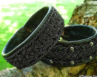 Sami black copper bracelet | BEOWULF | Goth viking leather cuff | Antler button closure