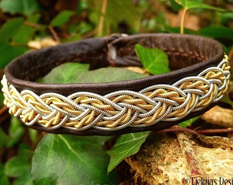 Pagan Sami gold and pewter bracelet, Nordic viking style leather cuff, custom handmade unisex wristband VIMUR
