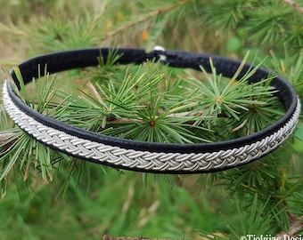 Sami necklace ALRUNE | Original Lapland reindeer leather choker with pewter braid and antler closure | Custom handmade indigenous collar
