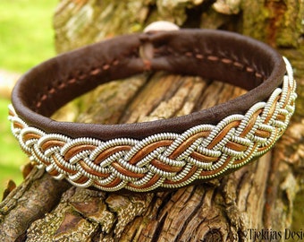 Sami bracelet FREKI | Swedish Lapland leather and pewter cuff | Nordic indigenous artisan jewelry