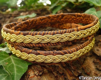 Swedish Sami Lapland leather wrap bracelet LIDSKJALV viking style cuff with 14k gold braid and antler closure
