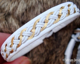 Pagan viking Sami cuff bracelet DRAUPNIR with 14k gold filled braid on reindeer leather or lambskin