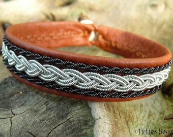 Saami bracelet | MJOLNIR Swedish Lapland reindeer leather cuff | spun pewter and black copper braids