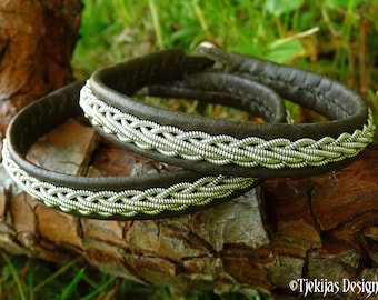 THOR leather bracelet cuff | Lappish Sami bracelet with pewter braid | Handmade indigenous jewelry