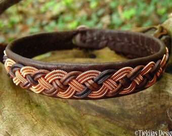 Authentic Sami copper viking style cuff bracelet VANAGANDR reindeer leather and antler closure - Indigenous Nordic Folk art