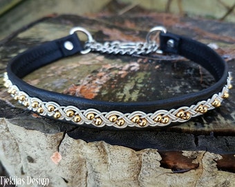 Black Sami reindeer leather show Dog Collar with 24k gold plated beads in spun pewter braid BIFROST 34-40 cm READY to SHIP