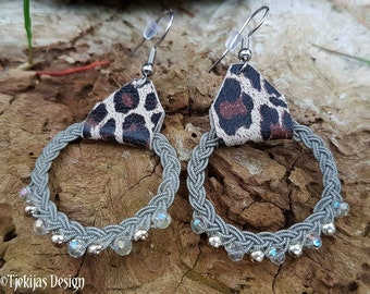 Viking style Sami indigenous Earrings RIMFAXE Silver and Crystal in pewter braids with leopard reindeer leather READY to SHIP