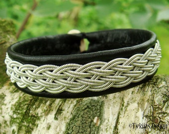 Saami bracelet | Viking leather cuff | DVALIN | Pewter braid | Indigenous Lapland folk art