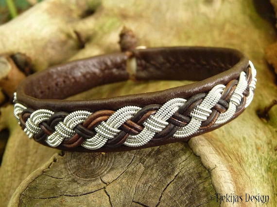 Pulsera Sami Pulsera tradicional indigena lapona VANAGANDR Cuero de reno Trenza de peltre Cierre de asta tallada Etsy Espana