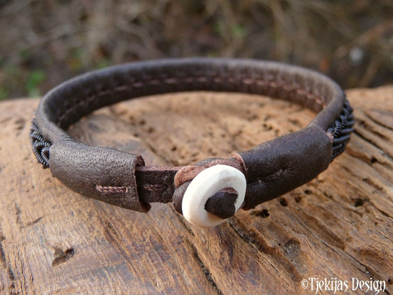 THOR Sami bracelet, Size S, Antique brown reindeer leather, Black copper braid, Antler closure, READY to SHIP image 3