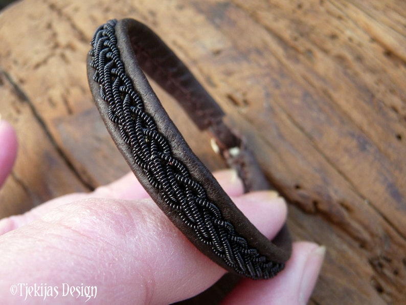 THOR Sami bracelet, Size S, Antique brown reindeer leather, Black copper braid, Antler closure, READY to SHIP image 1