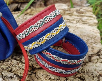 Sami Bracelet SAAMI FLAG | Lapland reindeer leather cuff with pewter braids and antler closure | A Handcrafted Tjekijas Design Original
