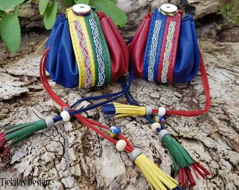 Sami leather pouch | Lapland flag drawstring purse with pewter braids | A Handcrafted Tjekijas Design Original