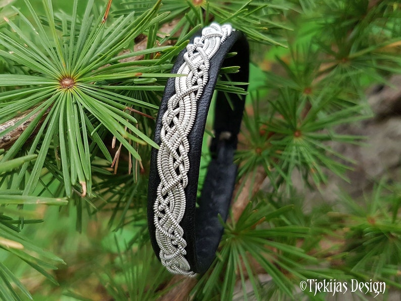 Sapmi Pattern Lappish Sami Bracelet | Swedish Sapmi Pewter and Reindeer Leather Cuff ...
