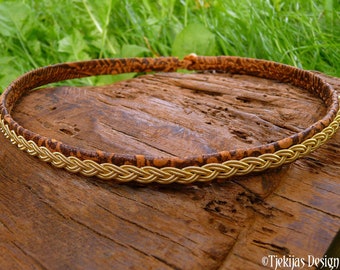 LIDSKJALV viking gold collar, Lapland leather Sami choker necklace with antler closure