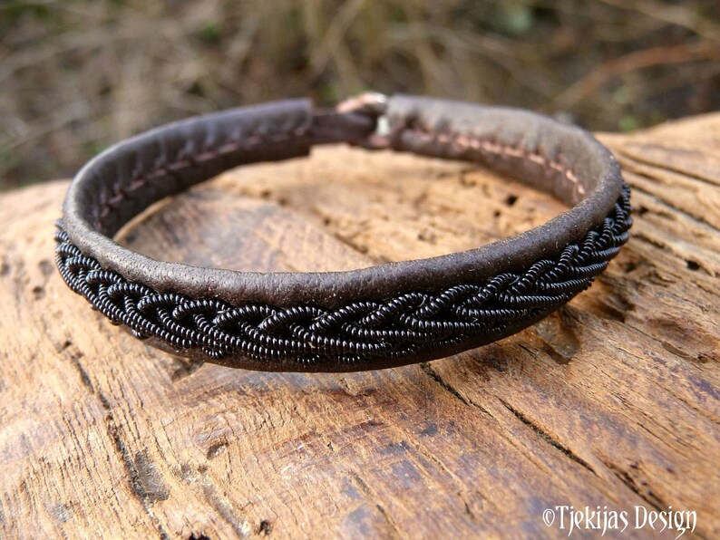 THOR Sami bracelet, Size S, Antique brown reindeer leather, Black copper braid, Antler closure, READY to SHIP image 2