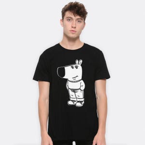 May include: Black t-shirt with a white cartoon dog illustration. The dog wears a sweater, jeans, and trainers. The character has a large nose and small eyes. The t-shirt is a crew neck style.