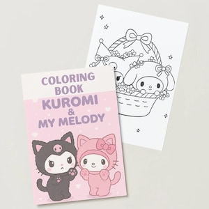 Op de afbeelding: Een roze kleurboek getiteld "Coloring Book Kuromi & My Melody" met illustraties van de personages Kuromi en My Melody. Er is ook een zwart-wittekening van My Melody in een mand.