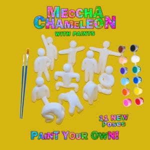 May include: A craft kit titled Meccha Chameleon with Paints featuring 11 white plastic human-shaped figures in various poses, two blue-handled paintbrushes, and two strips of small paint pots in assorted colors. The text reads Paint Your Own.