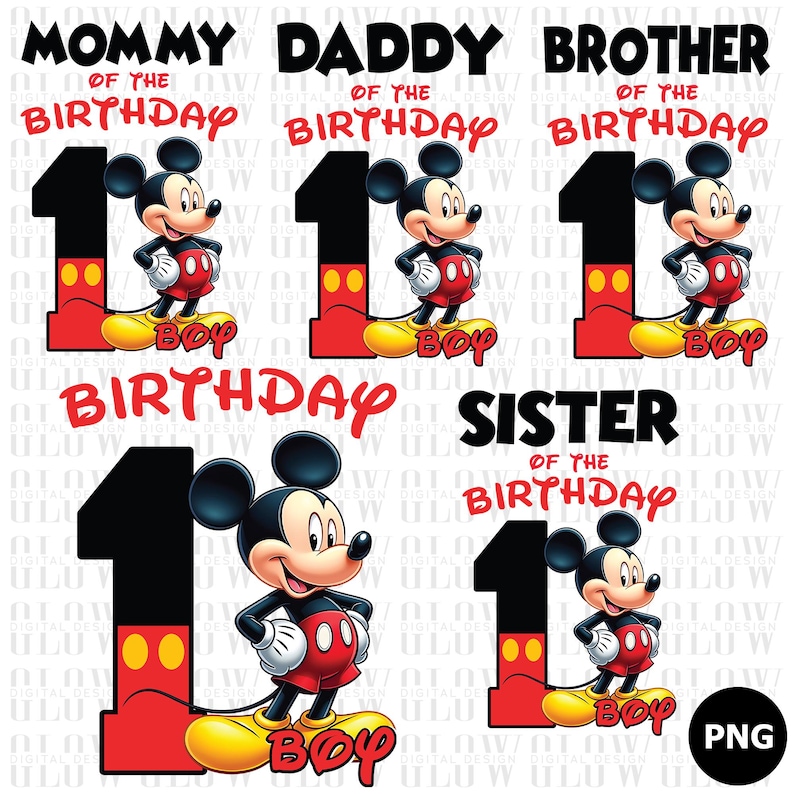 Op de afbeelding: Een verzameling digitale ontwerpen met Mickey Mouse en het cijfer 1. Elk ontwerp bevat Mickey Mouse, het cijfer 1 en het woord "Boy". Teksten zijn onder meer "Mommy", "Daddy", "Brother" en "Sister" met "Birthday" boven het cijfer 1.