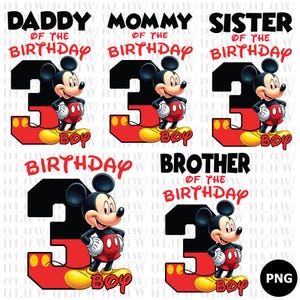 Mickey Mouse cumple 3 años (PNG), camisetas familiares a juego (descarga digital)
