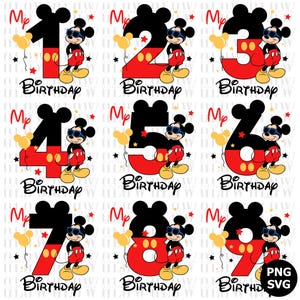 May include: A collection of birthday-themed graphics featuring the numbers 1 through 9. Each design includes a Mickey Mouse character wearing sunglasses, balloons, and the word "Birthday". The numbers are red and black.