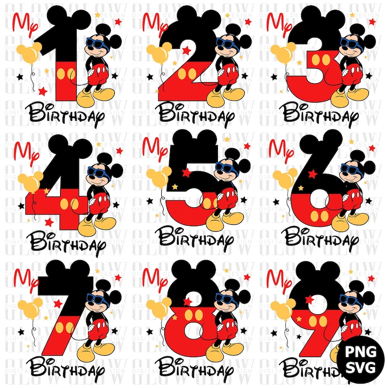 May include: A collection of birthday-themed graphics featuring the numbers 1 through 9. Each design includes a Mickey Mouse character wearing sunglasses, balloons, and the word "Birthday". The numbers are red and black.