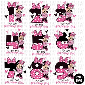 K&ouml;nnte beinhalten: Eine Sammlung von Minnie Mouse-Geburtstagsgrafiken mit den Zahlen 1 bis 9. Jede Grafik zeigt eine Zahl in Schwarz und rosa Punkten, Minnie Mouse und den Text "Of The Birthday Girl".