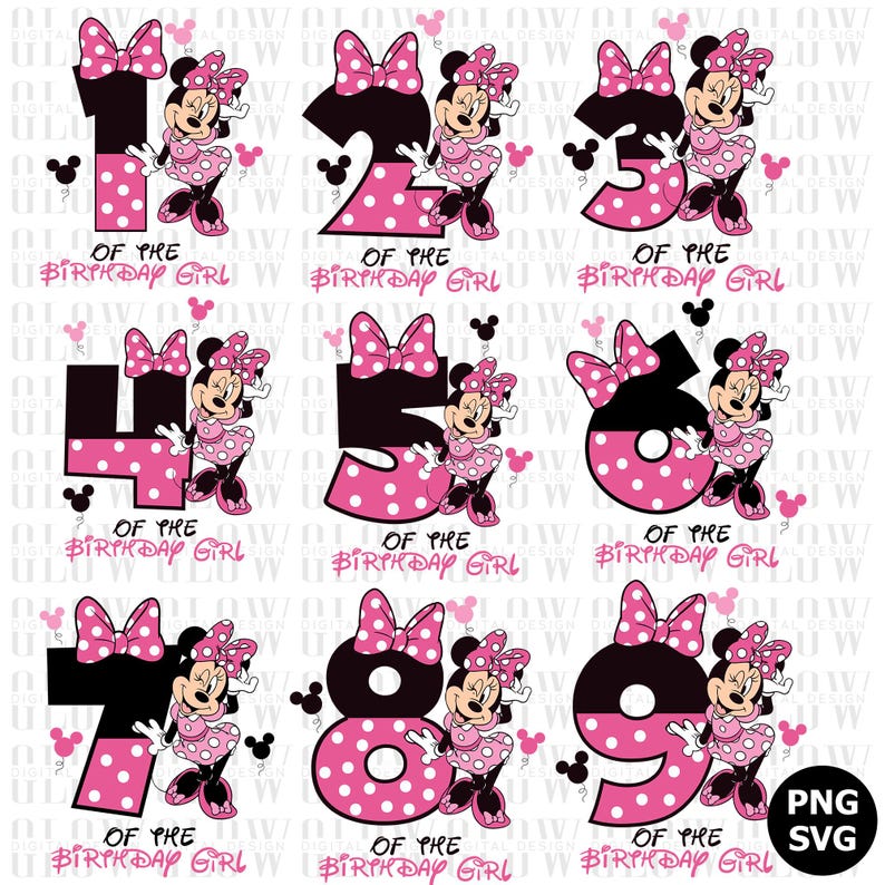 K&ouml;nnte beinhalten: Eine Sammlung von Minnie Mouse-Geburtstagsgrafiken mit den Zahlen 1 bis 9. Jede Grafik zeigt eine Zahl in Schwarz und rosa Punkten, Minnie Mouse und den Text "Of The Birthday Girl".