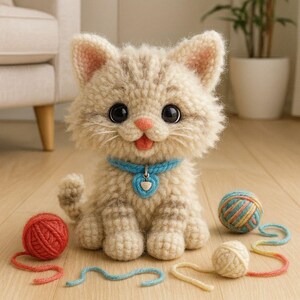 Puede incluir: Un gatito de peluche hecho a mano, con un patr&oacute;n de rayas beige claro y marr&oacute;n. El gatito tiene grandes ojos negros, una nariz rosa y un collar azul con una etiqueta en forma de coraz&oacute;n. Hay bolas de hilo de colores.