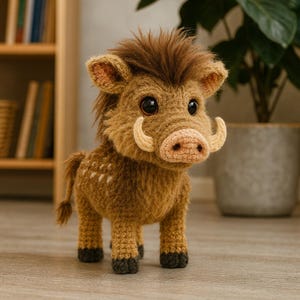 以下が含まれることがあります： 手作りの、茶色とベージュのぬいぐるみイボイノシシ。大きな牙と大きな黒い目が特徴です。ぬいぐるみは、ぼさぼさのたてがみと背中の水玉模様が特徴です。イボイノシシは、濃い灰色の蹄で四本足で立っています。