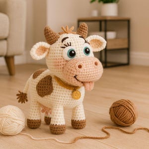 Könnte beinhalten: Eine gehäkelte Kuhpuppe mit einem lächelnden Gesicht, großen blauen Augen und einer rosa Nase und Zunge. Die Kuh hat braune Flecken, Hörner und Hufe. Zwei Wollknäuel, eines cremefarbenes und eines braunes, liegen neben der Kuh. Die Puppe ist handgefertigt.