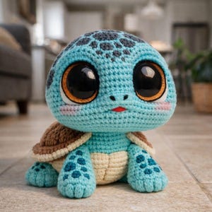May include: A handmade crochet turtle toy. The turtle has a light blue body, a brown shell, and cream-coloured accents. It has large, black eyes with orange rims, a small red mouth, and pink cheeks. The toy is designed to look cute.