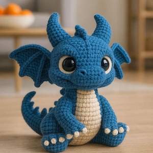 Puede incluir: Un dragón azul hecho a mano con ganchillo, con ojos grandes y expresivos y pequeñas alas. El dragón tiene una barriga color crema y está sentado sobre una superficie de madera. Una criatura encantadora y caprichosa.