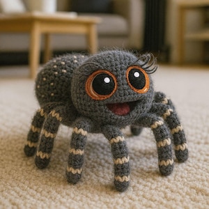 Puede incluir: Una araña gris tejida a ganchillo con grandes ojos naranjas y blancos, pestañas y una boca roja sonriente. La araña tiene patas a rayas beige y grises y una espalda punteada. Un juguete suave y caprichoso.