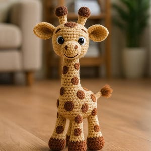 May include: A crocheted giraffe toy, featuring a tan body with brown spots and a long neck. It has small brown horns, large eyes, and a smiling expression. The toy is standing on a wooden floor.