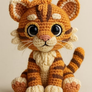 May include: A handmade crochet tiger toy in shades of orange, brown, and cream. The tiger has large black eyes, a pink nose, and white whiskers. The tiger is sitting with its paws in front and its tail curled behind. The toy is approximately 20 cm tall.