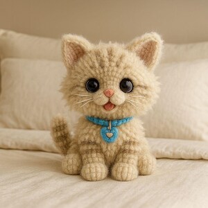 Puede incluir: Una mu&ntilde;eca de gato de peluche hecha a mano con grandes ojos negros, una nariz rosada y un collar azul con una etiqueta en forma de coraz&oacute;n. El gato es beige con rayas m&aacute;s oscuras y est&aacute; sentado en una cama con ropa de cama blanca.