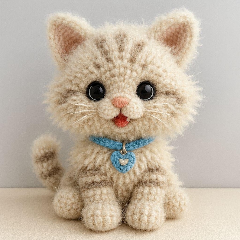 Puede incluir: Una mu&ntilde;eca de gato de ganchillo hecha a mano, a rayas beige y marr&oacute;n, con grandes ojos negros, una nariz rosa y una boca roja sonriente. El gato lleva un collar azul con un colgante en forma de coraz&oacute;n. El gato est&aacute; sentado erguido.